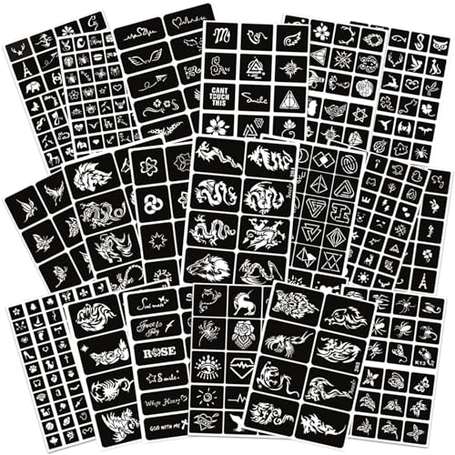 458+ Tattoo Schablone Kit, 20 Blatt Henna Schablonen Wiederverwendbare Temporäre Tattoo Schablonen für Kinder & Erwachsene Face Paint Body Art Glitter Tattoo Schablonen