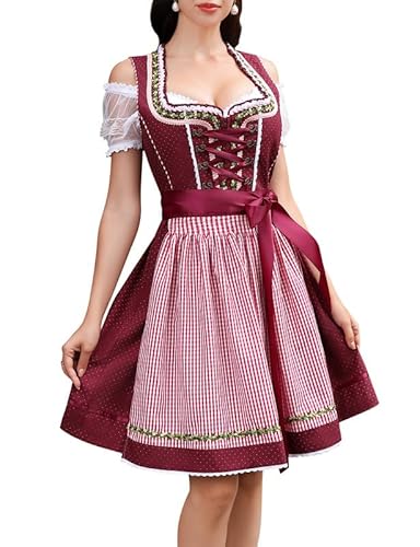 Clearlove Dirndl Damen midi 3tlg Trachtenkleid Damen Trachtenrock Trachtenmode Kleid Dirndlbluse für Oktoberfest(Weinrot,40)
