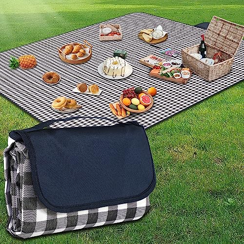 YAOMAISI Bequeme Picknickdecke,200x200cm,große Stranddecke, Campingdecke,mit Griff,wasserdichte Unterseite,maschinenwaschbar, Faltbare Wanderdecke, weich und tragbar (blaues Gitter)