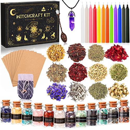 MULEVIP Starter Witch Kit 52 Stück Witchcraft Kit,Kerzen Kleine,Trockenblumen,Kristallen,Messlöffel,Pergamentpapier,Getrommelte Edelstein-Kristallchips für Chimes,Magie,Hexerei