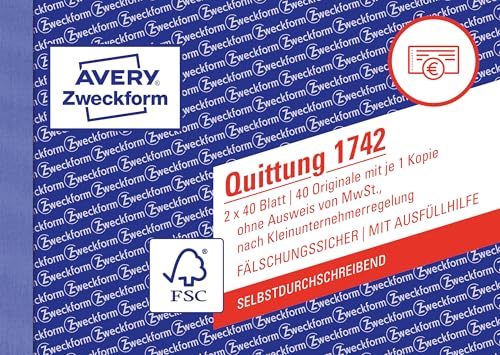 AVERY Zweckform 1742 Quittungsblock Kleinunternehmer (A6 quer, 2x40 Blatt, mit Durchschlag, fälschungssicher, ohne MwSt., für Deutschland und Österreich) weiß/gelb