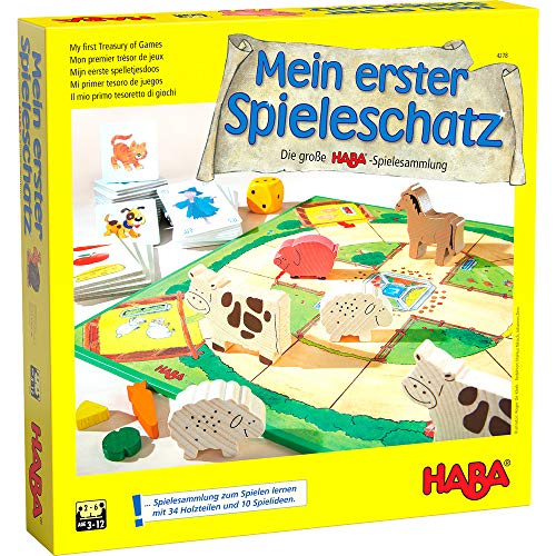 Haba 4278 - Mein erster Spieleschatz Die große Haba-Spielesammlung, 10 unterhaltsame Brett-, Memo- und Kartenspiele ab 3 Jahren in einer Packung, Kindgerechtes Spielmaterial aus Holz