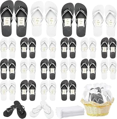 TESIN 24 Paar Flip Flops für Hochzeitsgäste, Hausschuhe Hotelgäste Spa Hausschuhe, Hochzeitsparty Geschenke, Flip Flops mit Größenkarten und Kordelzugbeuteln für Hochzeit, Spa, Poolparty, 4 Größen