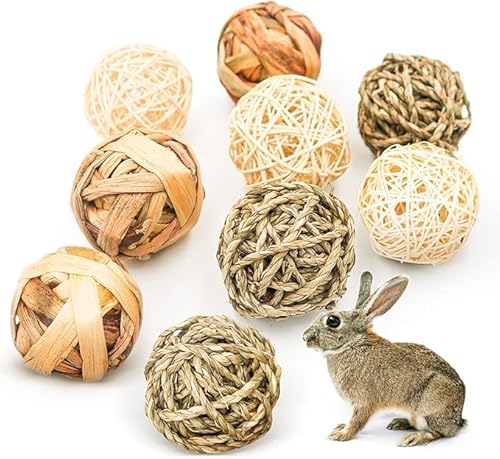 Chornow 9 Stück Kaubälle,Kaninchen Spielzeug, Grasspielzeug für Kaninchen Meerschweinchen Chinchilla Hasen, Natürliche Bälle Leckereien geflochten Strohhalm lustiges Spielzeug für Kleintiere