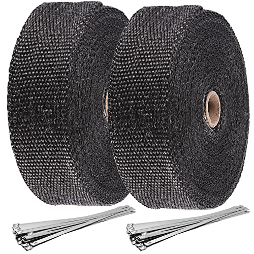 ZEONHEI 2 Stück 15m x 50mm Hitzeschutzband, Basaltfaser Auspuff Hitzeschutzband, Auspuffband Thermoband mit 20 Edelstahl Kabelbinder für Motorra Auto Fächerkrümmer, Schwarz