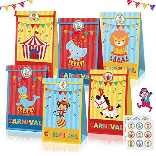 Papiertüten Kinder,12 Stück Zirkus Papiertüte,Geschenktüten Kinder Partytüten,Bunte Geschenktüten mit Aufklebern,Papier Geschenktüten,Süßigkeiten Tüten,Geschenk-verpackung Papiertüten…