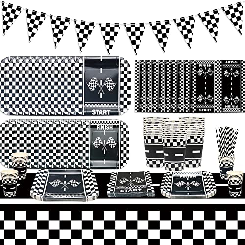 Rennwagen Geburtstag Partyzubehör, Auto-Thema Party-Dekorationen Serviert 20, Banner, Pappteller, Rennstrecke Tischdecke, Karierte Flagge, Ballon-Girlande Bogen, Party-Deko für Jungen Geburtstag