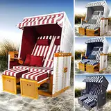 BRAST® Strandkorb Nordsee XXL für 2 Personen 120cm breit mehrere Designs incl. wetterfeste Abdeckhaube verstellbare Rückenlehne Fußkissen Farbe Weiß/Rot gestreift