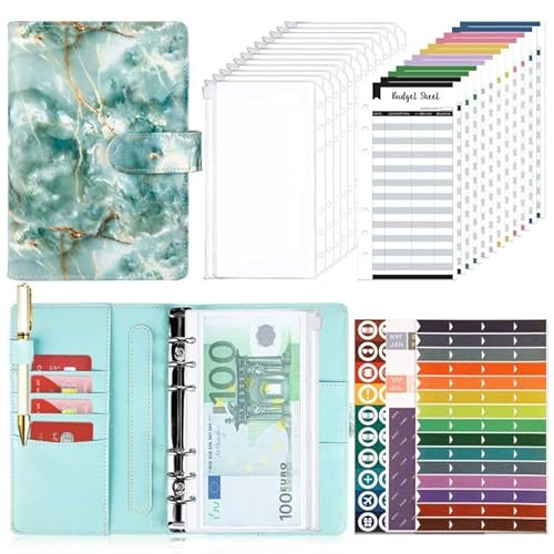Budget Planner Budget Binder A6, Budgetplaner Geld Organizer mit Weiche Tasche, TAOPE Budget Binder Notizbuch A6 Cash Stuffing, Haushaltsbuch mit Geldfächer, Budget Planner Set Aquamariner Marmor