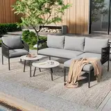 Miyemo Gartenmöbel Set, Balkon Möbel, Lounge Gartenmöbel, Ecksofa + Einzelsitz + 2 Couchtische, Outdoor Lounge, Verzinktes Stahlrohr, Marmorlackierte Glastischplatte, Geflochtenes Seilhandwerk, Grau