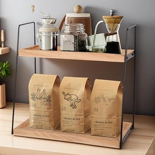 Caossuixin 2-Tier Kaffee Organizer, Holz Küchenarbeitsplatz Kaffee-Station Organizer, Kaffee Aufbewahrung, Küchenarbeitsplatz Kaffee-Bar-Zubehör Organizer für Küche, Zuhause, Badezimmer, Büro - Braun
