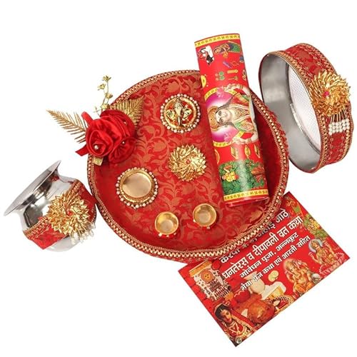 BRACOP® Pooja Thali Set aus indischem rundem goldenen dekorativen Serviertablett, Teller für Verlobung, Hochzeit, Heimdeko, Karwachauth Thali Set aus Messing, Hindutempel Dekorations artikel Geschenke