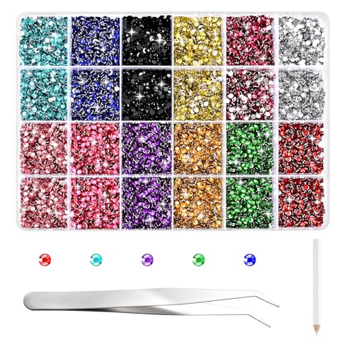 NACHLYNN 35700 Stück Strass Set aus Kunstharz 12 Farben Flache Rückseite Runde Jelly Strasssteine Mit Pinzetten Klebestift 2-6 mm Schillernde Nicht Hotfix Kristall Edelsteine