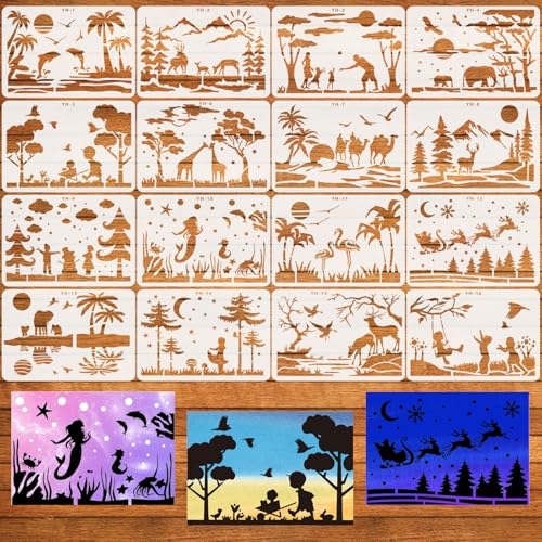 16 Stück Malschablonen Schablonen, A4 Schablonen Malen Set, Silhouette Schablonen, Wiederverwendbar Schablonen Textilgestaltung Wandgestaltung, zum Kunst Zeichnung, Wanddeko