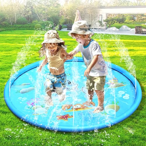 LURNODY Wasserspielmatte für Haustiere100 CM/39 Zoll Wassersprinkler Matte Kinder Splash Pad, Sommerliches Wasserspielzeug für Den AußEnbereich, Geeignet für Kinder Im Alter Von 3–12 Jahren (Blau)