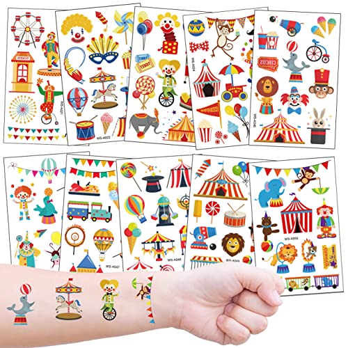 Zirkus Kinder Tattoo Set, 10 hautfreundliche Kindertattoos für Mädchen Jungen zum Geburtstag Mitgebsel Geschenkidee