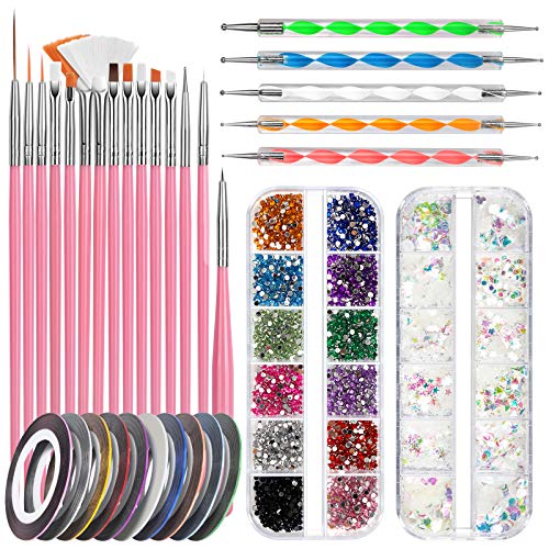 FANDAMEI Nail Art Pinsel Set, 15 Stücke Pinsel Für Gelnägel Nagel Pinsel, 5 Stücke Dotted Pen, 10 Rolle Streifenband Nägel, Strasssteine Nägel, Ultra Dünn Nagel Pailletten für Nagelkunst Maniküre Set