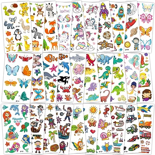 Habett Tattoo Kinder 300+ Set Mädchen Jungen Weltraum Dinosaurier Tiere Einhorn Schmetterling Klebetattoos Perfekt für Kindergeburtstag Party Mitgebsel Hautfreundliche Temporäre Kindertattoos