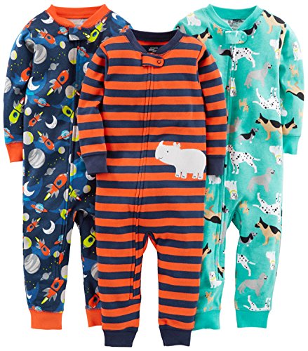 Simple Joys by Carter's Baby Mädchen 3-Pack Snug Fit Footless Cotton Pajamas Schlafstrampler, Marineblau Weltraum/Rostfarben Streifen/Türkisgrün Hunde, 6-9 Monate (3er Pack)