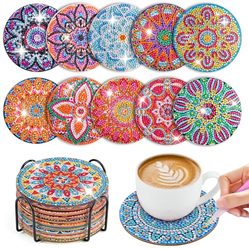 10 STK Diamond Painting Untersetzer mit Halter, Diamond Painting Erwachsene zum Basteln, 5D Diamond Painting Kinder Art Mandala Untersetzer rutschfest für Anfänger, Erwachsene & Kinder