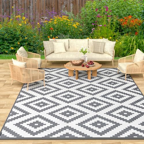 Habaylin Outdoor Teppich Wetterfest, Wendbarer Balkon Teppich 120x180 cm, Leichtgewicht Picknickdecke Vorzeltteppich für Camping Terrasse Garten, Grau