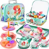 FAMKEEP 48 Pcs Teeservice Kinder,Meerjungfrau Spielzeug Tragekoffer,Tee Set Teeservice mit Dessert,Tea Party Set Kids,Teeservice Kinderküche für Kinder Mädchen 3 4 5 6 7 8 Jahren