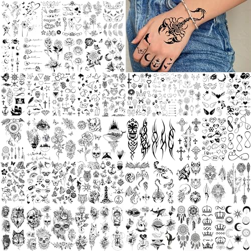 52 Blatt Klein Temporäre Tattoos Frauen Damen Männer Hände Jungen Mädchen, Finger Fake Tattoos Klebetattoos Erwachsene, Blume Schmetterling Skorpion Anker Mond Stern Klebe Tattoo Aufkleber Haut Wolf