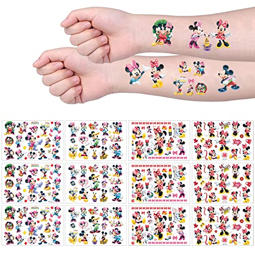 Mickey Mouse Tattoo Kinder, 12 Blätter Minnie Temporäre Tattoo Aufkleber Set für Mädchen Jungen Wasserdichte Kindertattoos Tattoo Mitgebsel Kindergeburtstag Geschenk Mädchen Junge Kinder Party Deko