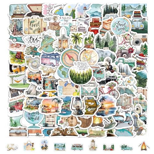 Onperpoe 100 Stück Sticker Reisen Aesthetic Sticker Set Wasserfeste Vintage Sticker Camping Aufkleber für Koffer Scrapbook Skateboard Laptop Motorrad Snowboard Sticker Urlaub Funny Stickers for Adults