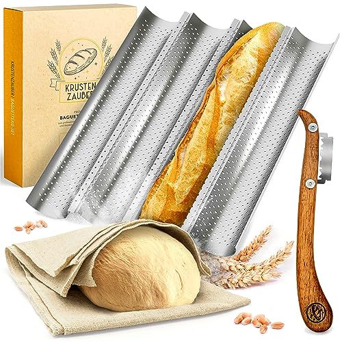 KRUSTENZAUBER Baguette Backform Antihaft inkl. Bäckerleinen u. Bäckermesser - 4er Baguette-Backblech - Ideal als Baguetteblech, Brotbackform, Baguetteform, Baguette Blech, Brot Backen Zubehör