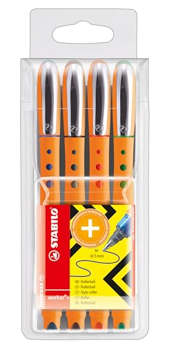 Tintenroller - STABILO worker+ - medium - 4er Pack - grün, rot, blau, schwarz