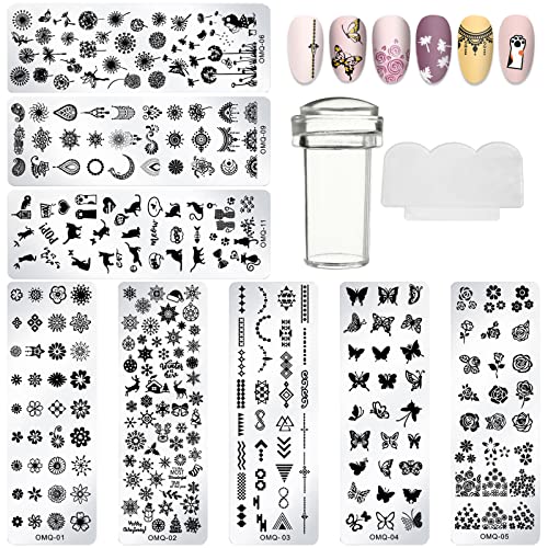 SPOKKI 10 Stück Set Nail Art Plates Stamping Stempel, Nail Template Schablone Nail Stamp und Nagelschaber Kit for Nägel Maniküre