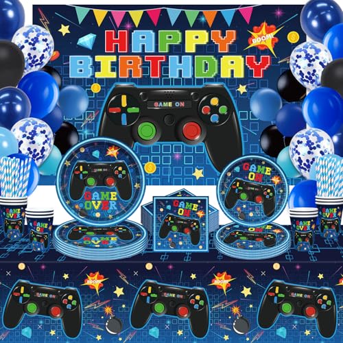 146 Pcs Videospiel Geburtstag Dekorationen Spiel Party Zubehör Videospiel Geschirr Set enthalten Platten Hintergrund und Tischdecke für Geburtstag Dekorationen Kinder dient 20 Gäste