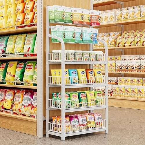 Kommerzieller Einzelhandels-Ausstellungsständer mit 4 Ebenen, Supermarkt-Snackregal aus Metall für das Speisekammer- und Theatergeschäft zu Hause, Chipstüten-Organizer-Halter mit Geländer (Farbe: We