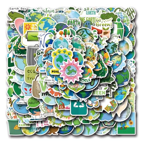 100 Stück Tag der Erde Aufkleber Pack Umweltschutz Sticker Set wasserdichte Vinyl Sticker für Laptop Kinder Autos Motorrad Fahrrad Skateboard Gepäck Koffer Computer Aufkleber Graffiti Decal