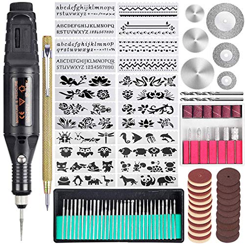 Uolor 108 Pcs Gravierwerkzeugsatz, Multifunktionaler Gravurstift DIY Drehwerkzeug für Schmuck Glas Holz Metall mit Anreißer, 82 Zubehör und 24 Schablonen