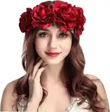 YSTrillion Rose Stirnband,Blumen Stirnband Haarband,Blumenkranz Krone Stirnband,Halloween Rose Blume Stirnband,Frauen Mädchen Braut Rosen Blumen(Rot)