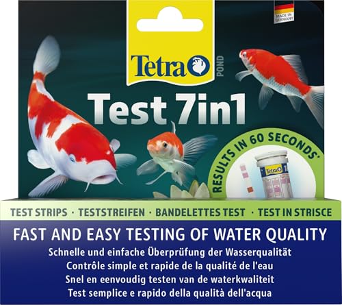 Tetra Pond Test 7in1 - Wassertest für den Teich, schnelle und einfache Überprüfung der Wasserqualität im Gartenteich, 1 Dose (25 Teststreifen), Blau