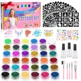 Glitzer Tattoo Set Kinder,Glitzertattoos Kinder Set für Mädchen-36 Farben,220 Tattoos Schablonen Inkl,3 Kleber&5 Pinsel,Glitzer Tattoo Mädchen Temporäres,Geschenk für Party Weihnachten