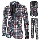 Achlibe Smoking Anzüge für Männer 3 Stück Regular Fit Anzug Schneeflocke Schneemann Print Blazer Jacke Hosen Westen Weihnachten Männer Anzug Set, Blau kariert, X-Large