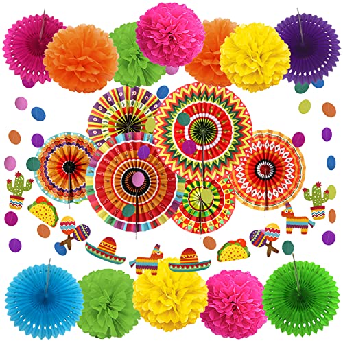 ZERODECO Mexikanische Party Dekorationen 21 mehrfarbige mexikanische Papierfächer Pom Poms Blumen für mexikanische Feiertage Cinco De Mayo Taco Thema Geburtstagsparty Artikel