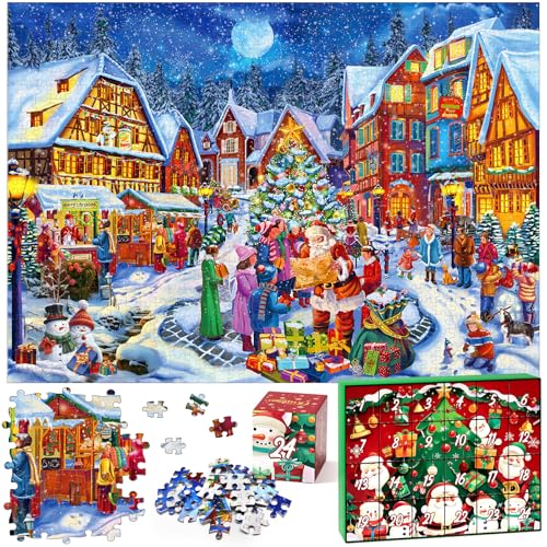 Adventskalender 2024 Weihnachtspuzzle für Kinder und Erwachsene 24-Tage-Countdown-Kalender 1008 Teile Weihnachtsmann-Straßenszene Weihnachtspuzzle für Dekorationen