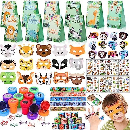 Dschungel Safari Mitgebsel Kindergeburtstag 75Stk. Dschungel Tiere Geschenktüten Schnapparmband Masken Temporäre Tattoos Briefmarken Silikonringe Give Aways Kindergeburtstag für Kinder Jungen Mädchen