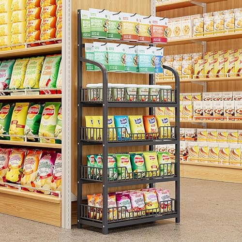 Snackregal aus Stahl mit 4 Etagen, für Zuhause, Speisekammer und kommerziellen Einzelhandel, Chip-Tasche, Organizer, Ständer mit Leitplanke für Theatergeschäfte (schwarz, 50 cm)