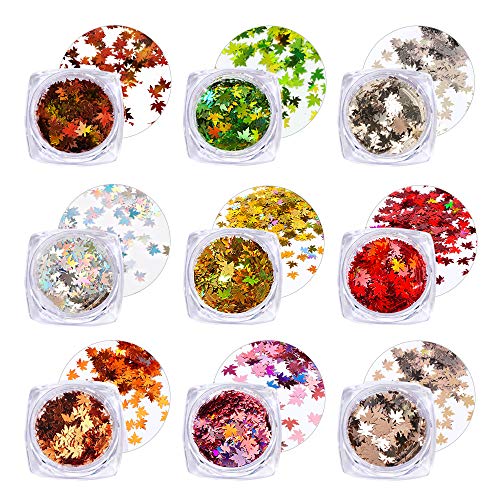 FLOFIA 9 Box Nagel Glitzer Pailletten Ahornblätter Holographische Nagel Glitter Pailletten Gelnagel PET Nail Art Deko Herbst Nageldesign Maniküre