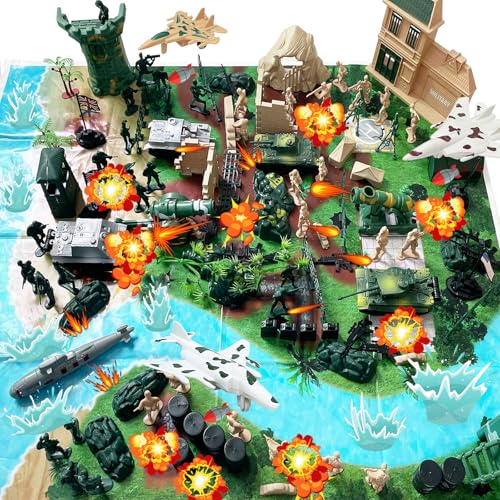 OSIMIG 130 Militär Spielzeug, Militär Spielset mit Soldaten Figuren, Panzer Spielzeug, Soldaten, Armee Tank, Flugzeugen, U-Boot, Kanone, Matte für Wargaming