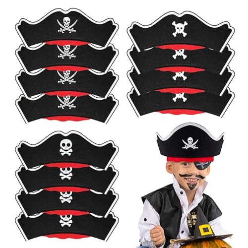 FUIPVGI 12 Stück Piratenhut für Kinder, Filz Piraten Hut Piraten Deko Kindergeburtstag Piraten Accessoires, Piratenkostüm Accessoires für Halloween, Piratenparty, Maskerade, Cosplay (Black)