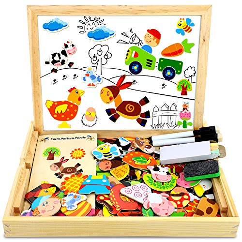 COOLJOY 100+ PCS Holz-Magnetpuzzle, Bauernhof-Muster-Spiele, doppelseitige Holzpuzzle, pädagogisches Zeichentafel-Holzspielzeug für Kinder, Jungen, Mädchen im Alter von 3 4 5 Jahren