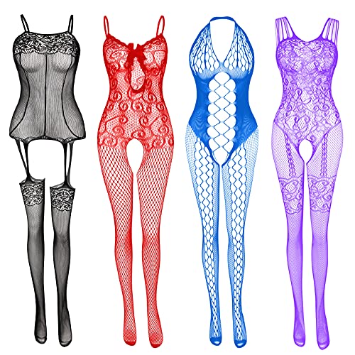 Damen Fischnetz Bodys Dessous Nachtwäsche Spitze Strümpfe Blumen für Romantische Datum Tragen Reizwäsche (4Pack)