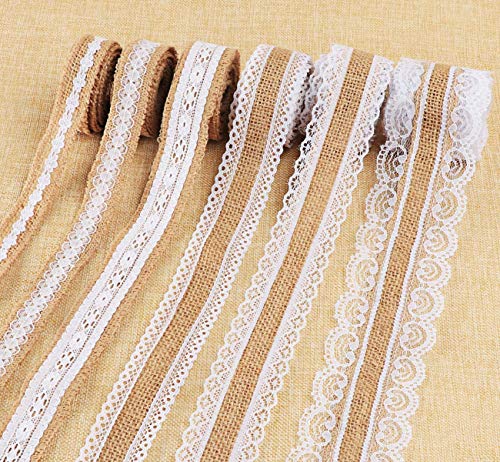 ABSOFINE Juteband Vintage Spitzenband, 6x2M Natürliche Sackleinen Hessische Jute Band Rolle mit Weisse Spitzen für DIY Handwerk Weihnachten Deko Hochzeit Party Basteln Geschenkband